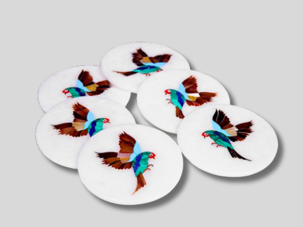 Unique Design Marble Coffee Coaster Set Inlay Rare Birds Gemstone Arts Dining Decor